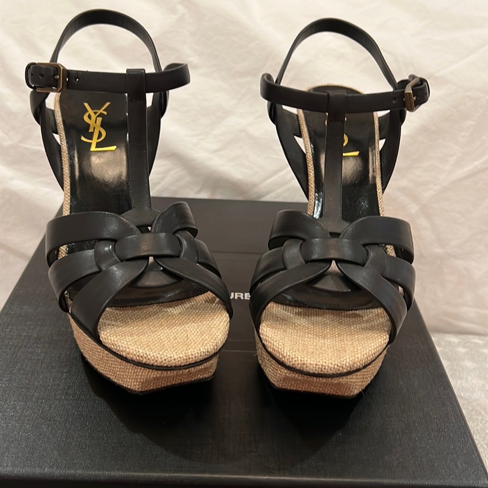 Authentic YSL Tribute 75mm beige burlap/ black size 38.5 or 8 1/2